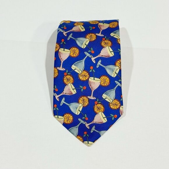 Kenneth Gordon Tie Silk Cocktail Martini Drinks Print Blue Wide 4” Italy Vintage - Picture 5 of 10